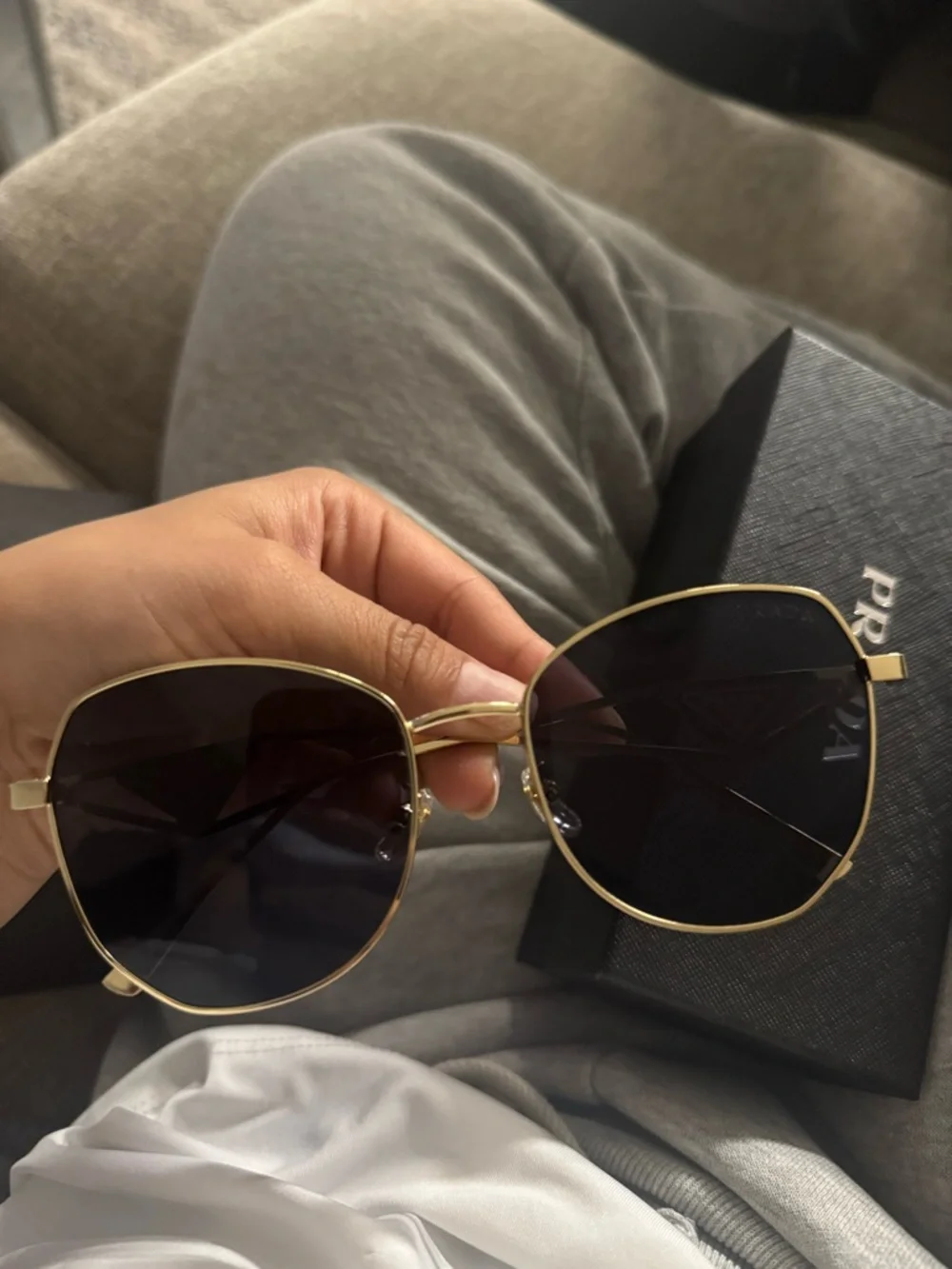 Prada Gold Frame Black Lens Women's Sunglasses - Designer Triangle Accent - Picture 2 of 6